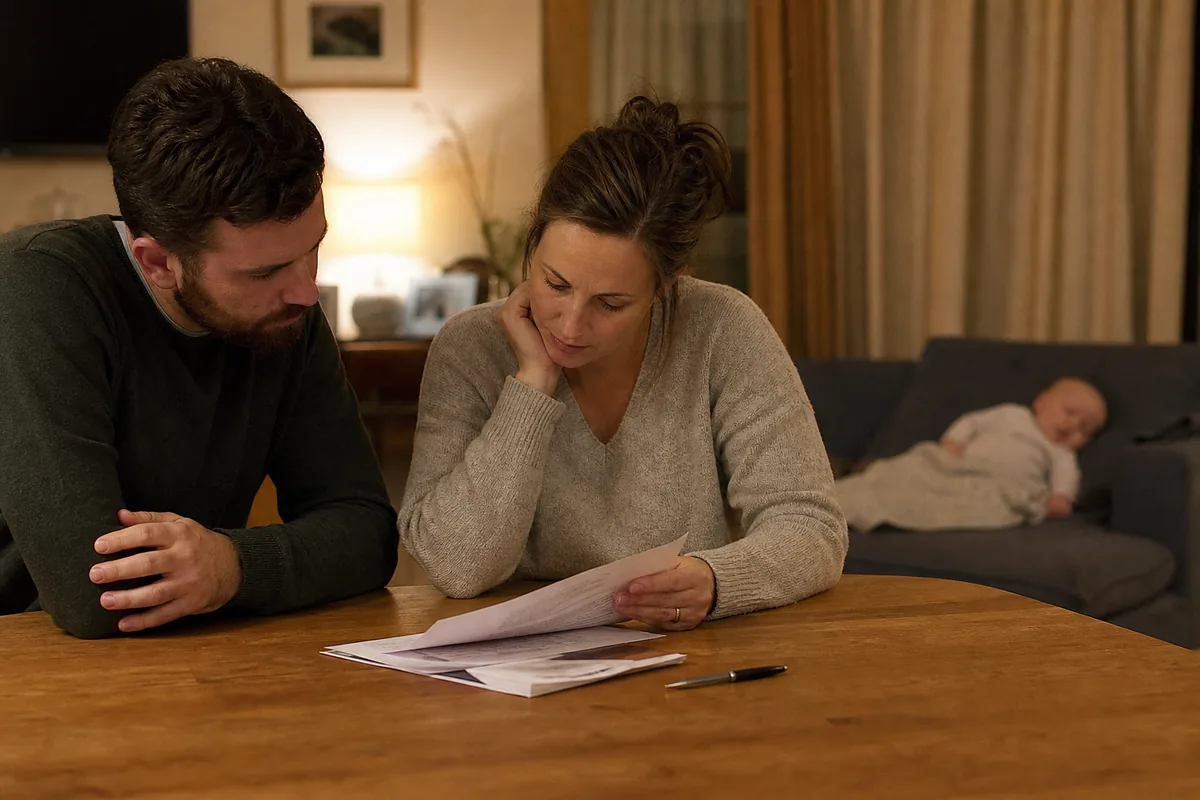 Two adults at a dining table with a printed document while a baby sleeps nearby
