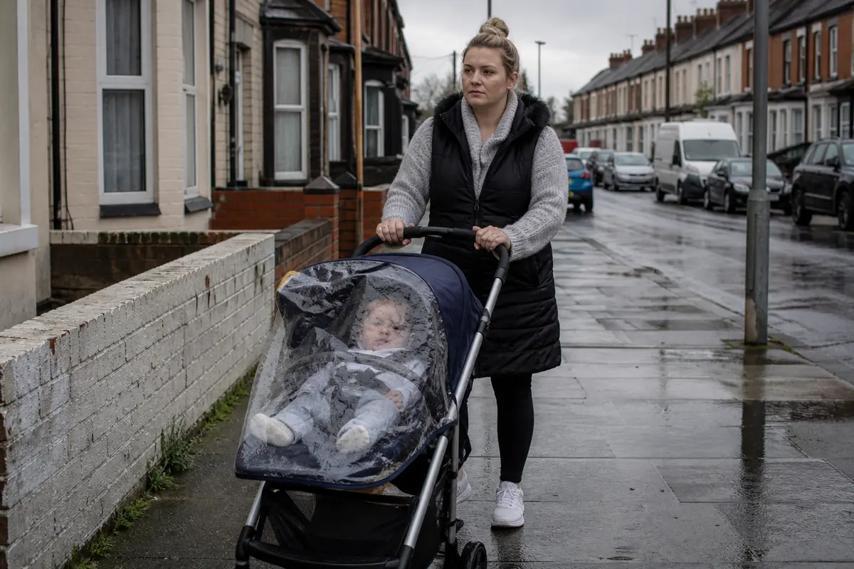 A baby sitting in a pushchair on a wet UK pavement while a parent holds the handle