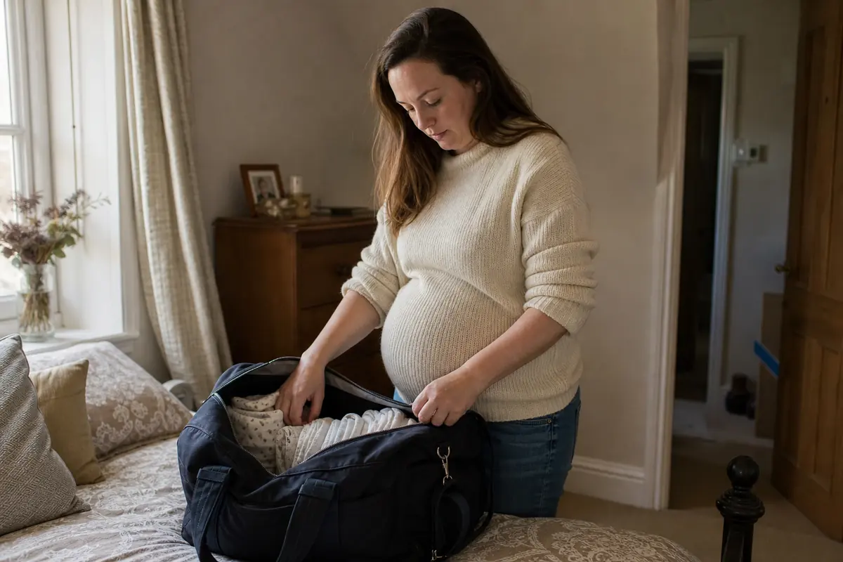 A pregnant woman packing a holdall on a bed in a UK bedroom