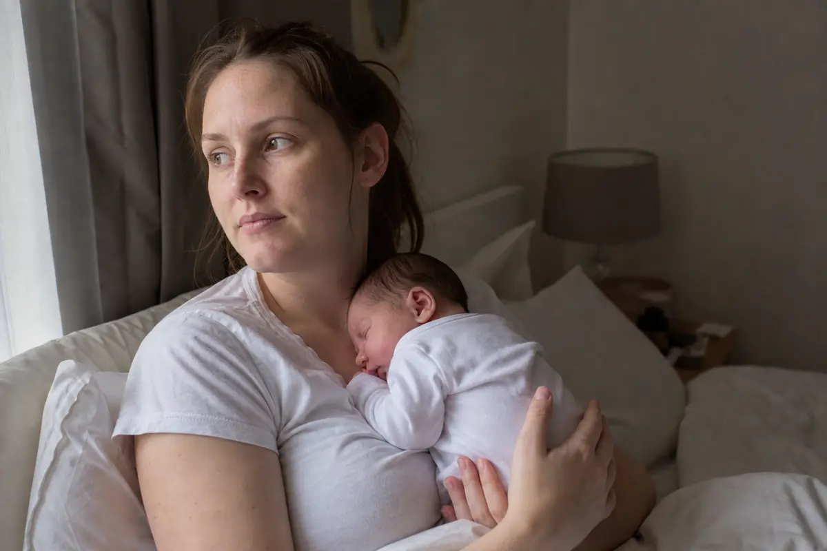 A woman sitting up in bed holding a sleeping newborn in morning light