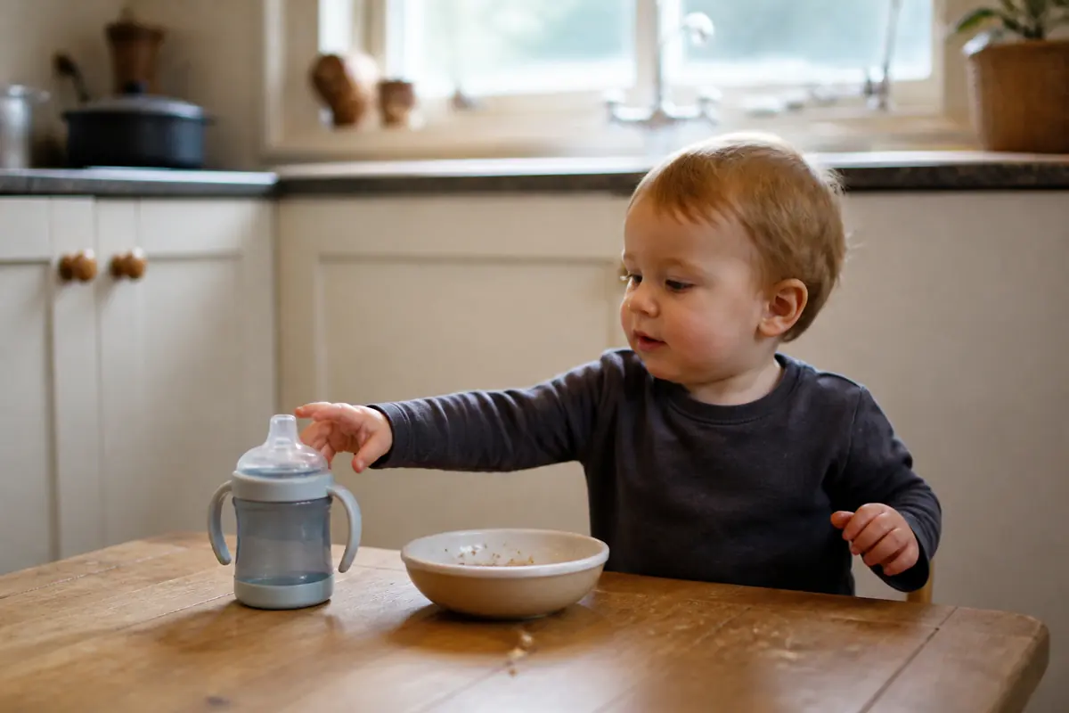 A toddler at a low kitchen table with a bowl and a cup